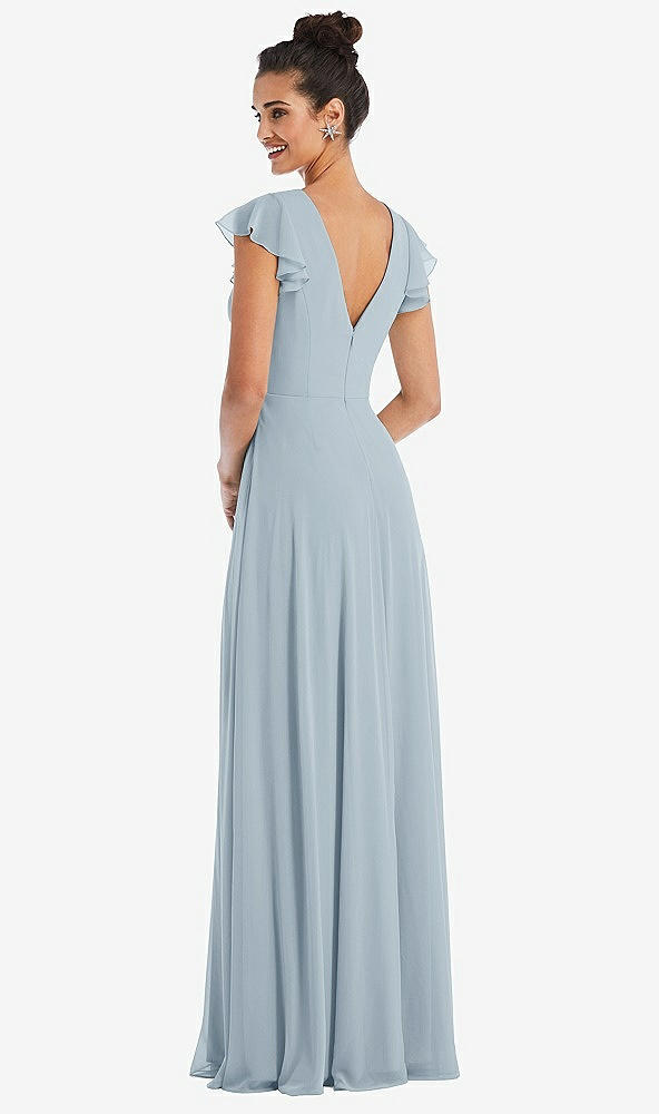 Back View - Mist Flutter Sleeve V-Keyhole Chiffon Maxi Dress