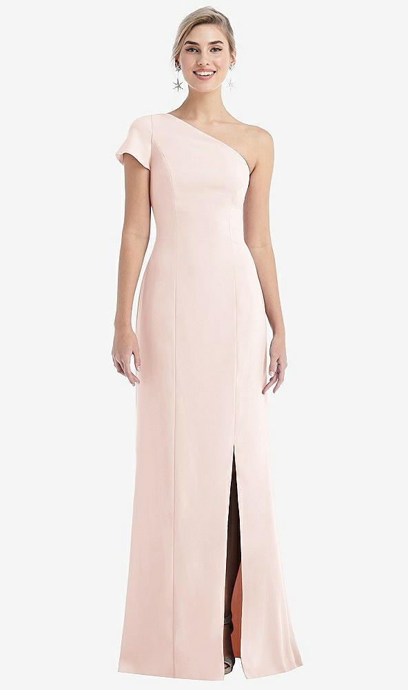 Front View - Blush One-Shoulder Cap Sleeve Trumpet Gown with Front Slit