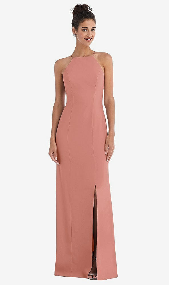 Front View - Desert Rose Open-Back High-Neck Halter Trumpet Gown