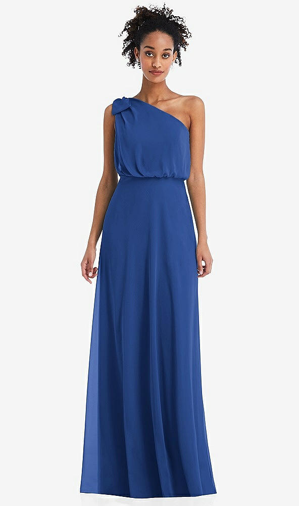 Front View - Classic Blue One-Shoulder Bow Blouson Bodice Maxi Dress