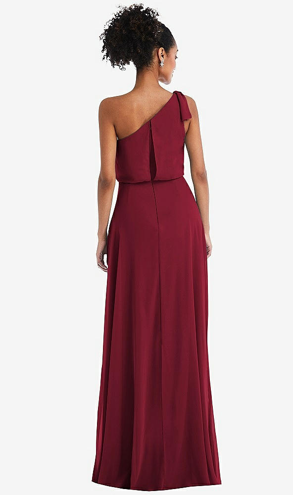 Back View - Burgundy One-Shoulder Bow Blouson Bodice Maxi Dress