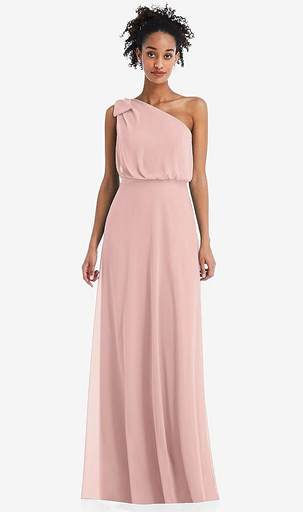 Front View - Rose - PANTONE Rose Quartz One-Shoulder Bow Blouson Bodice Maxi Dress