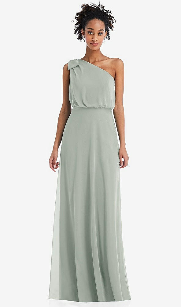 Front View - Willow Green One-Shoulder Bow Blouson Bodice Maxi Dress