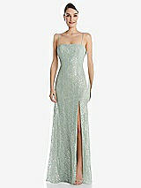 Front View Thumbnail - Celadon Metallic Lace Trumpet Dress with Adjustable Spaghetti Straps