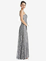 Side View Thumbnail - Platinum Metallic Lace Trumpet Dress with Adjustable Spaghetti Straps