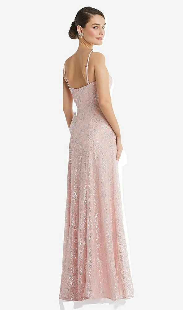 Back View - Rose - PANTONE Rose Quartz Metallic Lace Trumpet Dress with Adjustable Spaghetti Straps