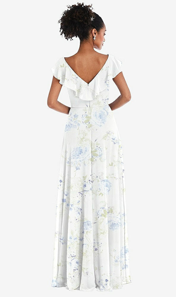 Back View - Bleu Garden Ruffle-Trimmed V-Back Chiffon Maxi Dress