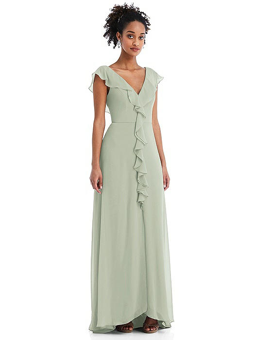 Ruffle-Trimmed V-Back Chiffon Maxi Dress