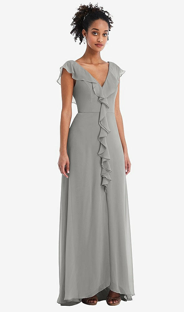 Front View - Chelsea Gray Ruffle-Trimmed V-Back Chiffon Maxi Dress