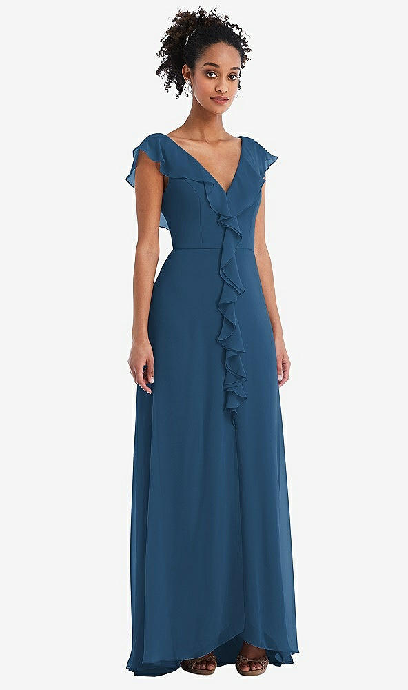 Front View - Dusk Blue Ruffle-Trimmed V-Back Chiffon Maxi Dress