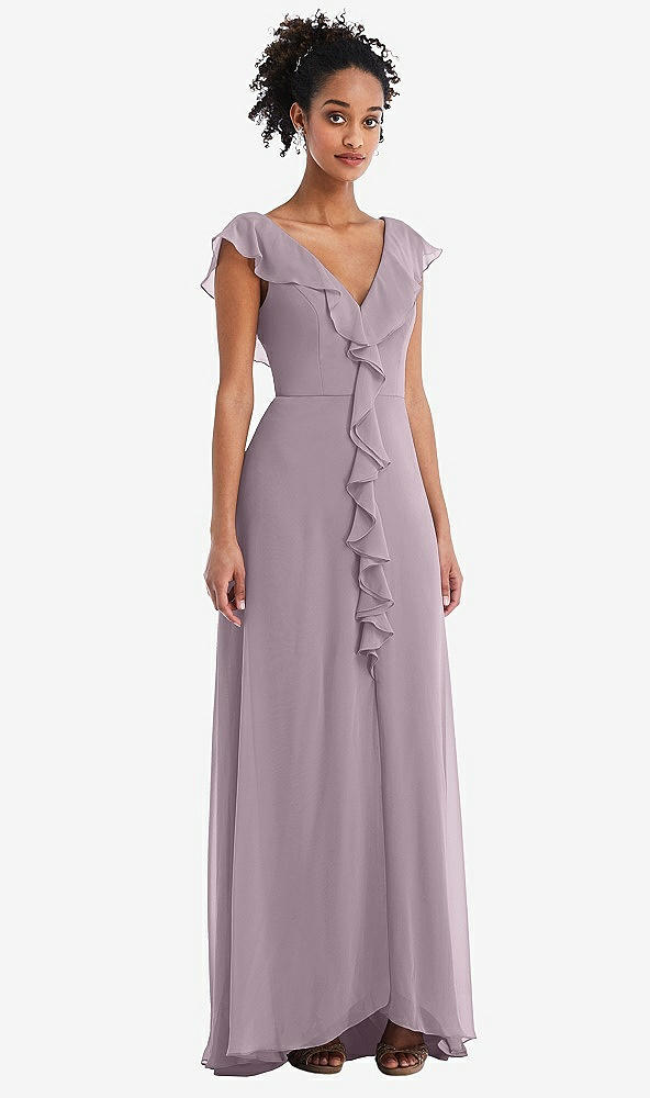 Front View - Lilac Dusk Ruffle-Trimmed V-Back Chiffon Maxi Dress