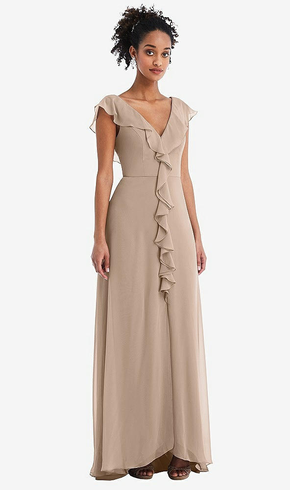 Front View - Topaz Ruffle-Trimmed V-Back Chiffon Maxi Dress