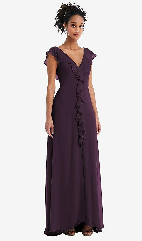 Front View - Aubergine Ruffle-Trimmed V-Back Chiffon Maxi Dress