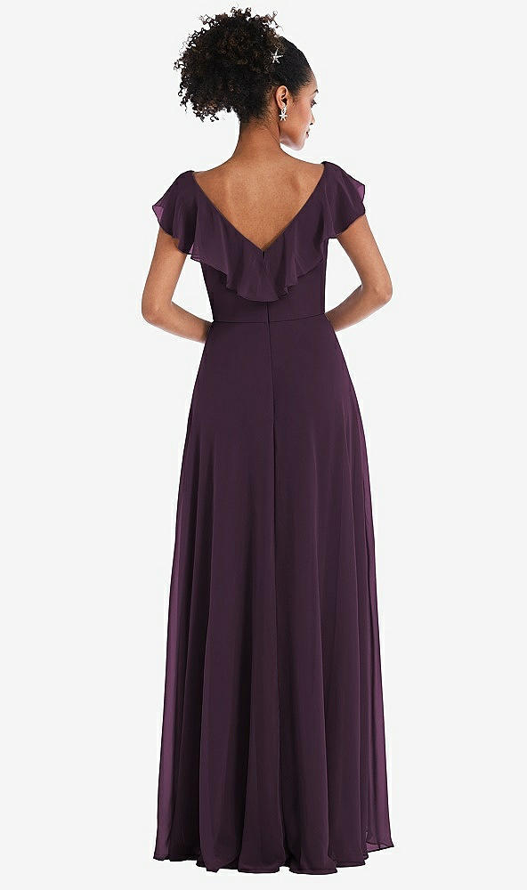 Back View - Aubergine Ruffle-Trimmed V-Back Chiffon Maxi Dress