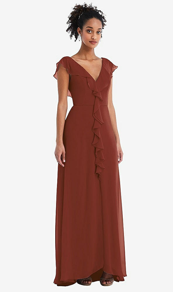 Front View - Auburn Moon Ruffle-Trimmed V-Back Chiffon Maxi Dress