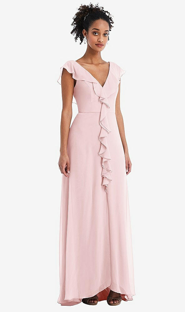 Front View - Ballet Pink Ruffle-Trimmed V-Back Chiffon Maxi Dress