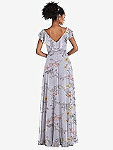 Rear View Thumbnail - Butterfly Botanica Silver Dove Ruffle-Trimmed V-Back Chiffon Maxi Dress