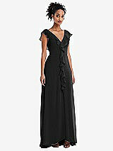 Front View Thumbnail - Black Ruffle-Trimmed V-Back Chiffon Maxi Dress