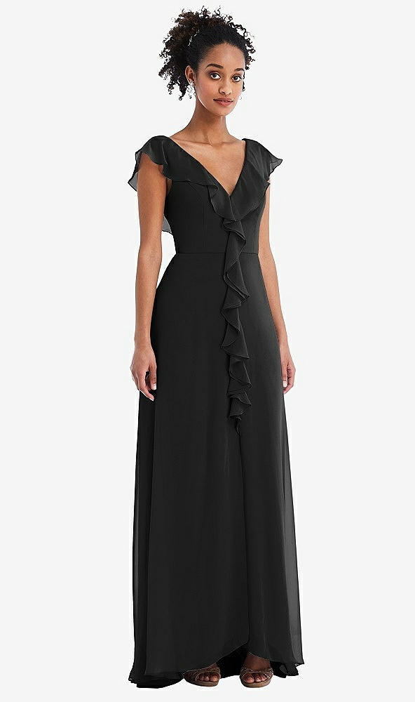 Front View - Black Ruffle-Trimmed V-Back Chiffon Maxi Dress