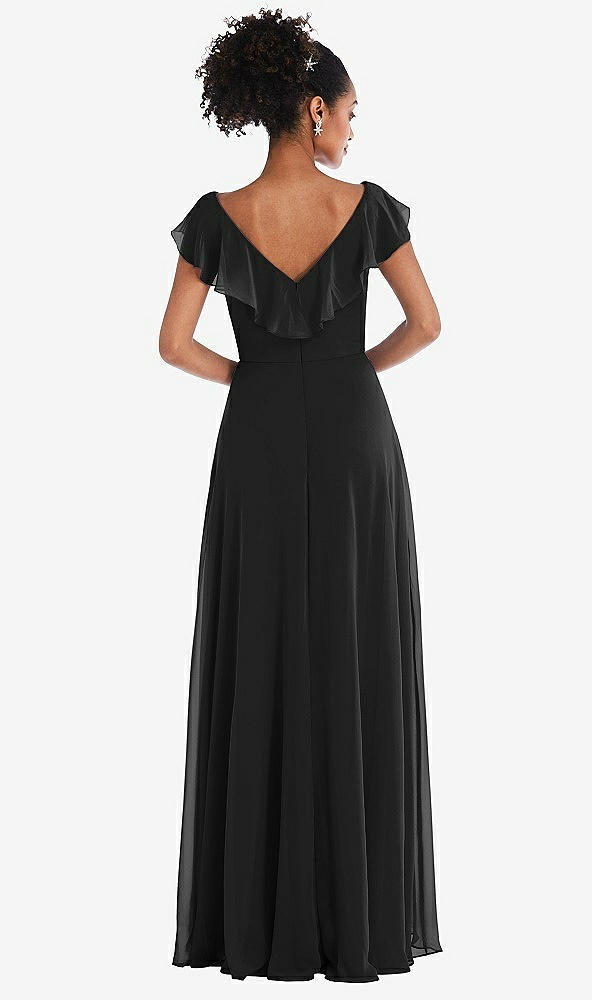 Back View - Black Ruffle-Trimmed V-Back Chiffon Maxi Dress