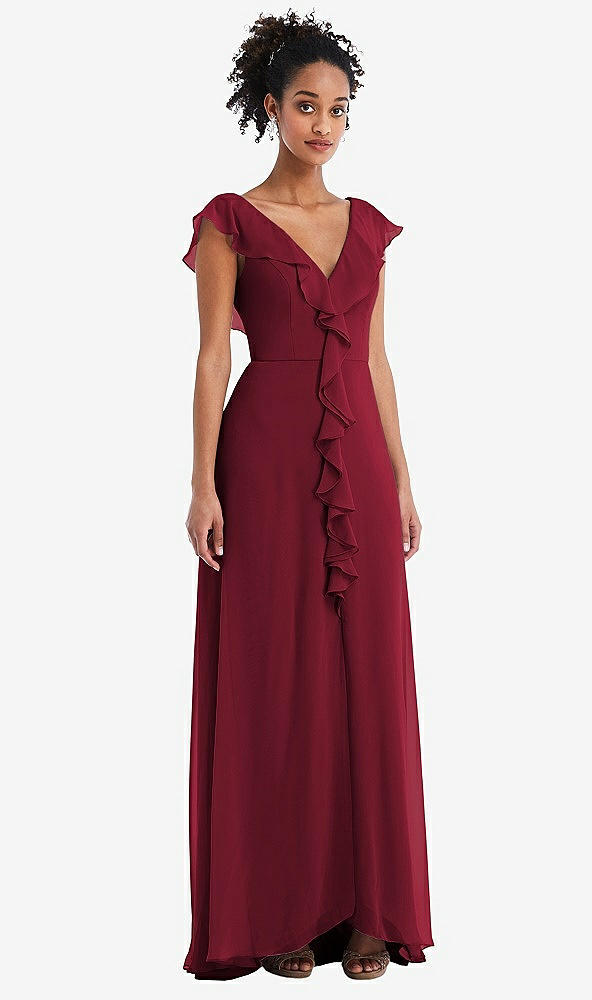 Front View - Burgundy Ruffle-Trimmed V-Back Chiffon Maxi Dress