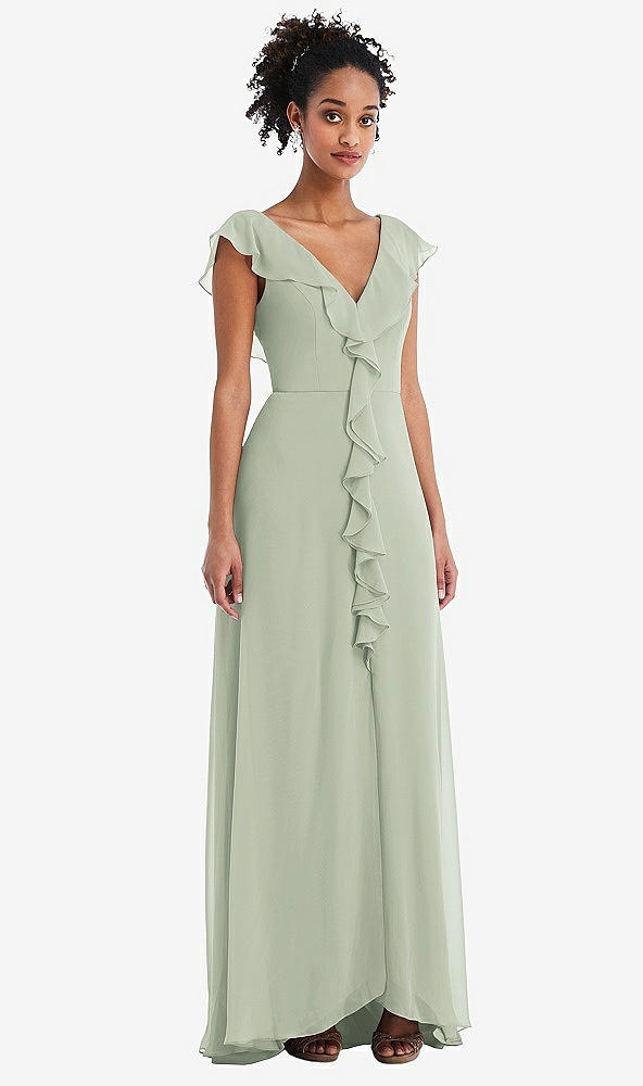 Front View - Celadon Ruffle-Trimmed V-Back Chiffon Maxi Dress