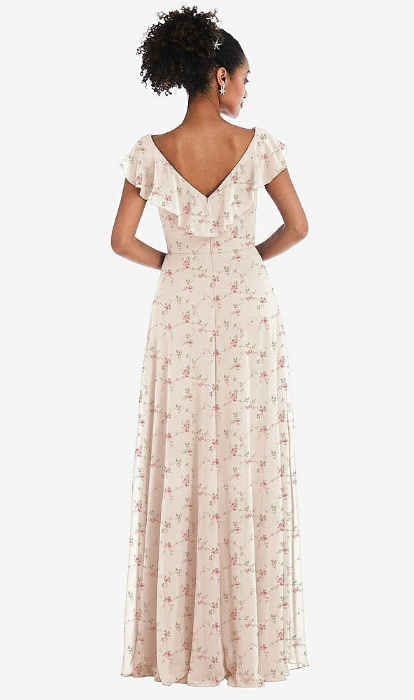 Back View - Coquette Floral Print Ruffle-Trimmed V-Back Chiffon Maxi Dress