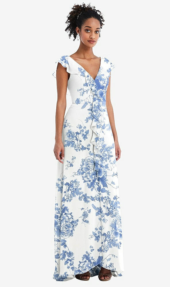 Front View - Cottage Rose Dusk Blue Ruffle-Trimmed V-Back Chiffon Maxi Dress