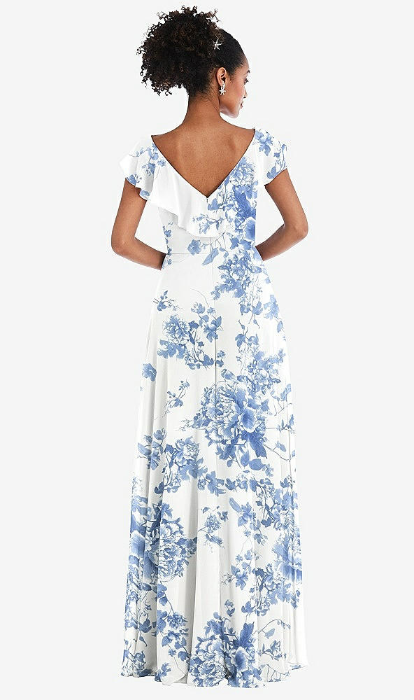 Back View - Cottage Rose Dusk Blue Ruffle-Trimmed V-Back Chiffon Maxi Dress