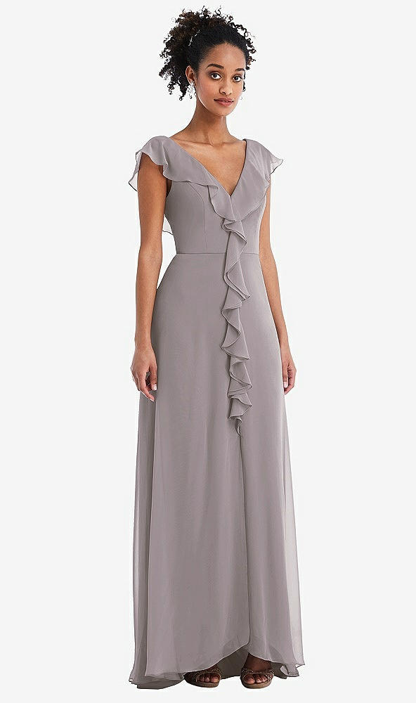 Front View - Cashmere Gray Ruffle-Trimmed V-Back Chiffon Maxi Dress