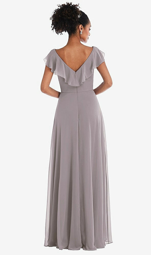 Back View - Cashmere Gray Ruffle-Trimmed V-Back Chiffon Maxi Dress