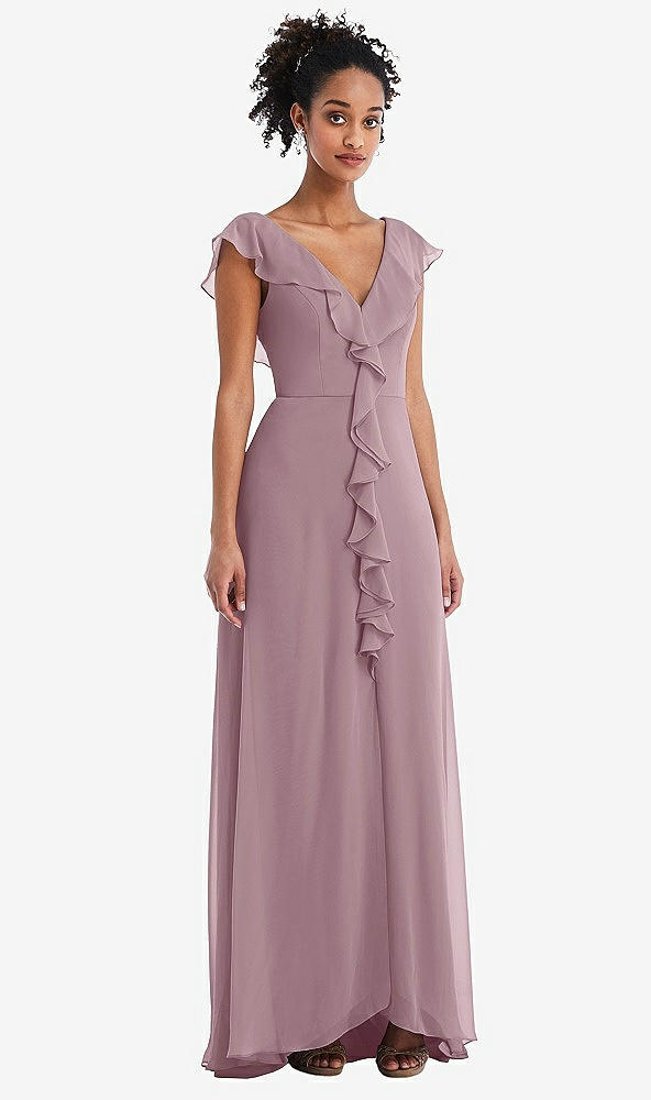 Front View - Dusty Rose Ruffle-Trimmed V-Back Chiffon Maxi Dress