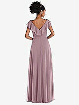 Rear View Thumbnail - Dusty Rose Ruffle-Trimmed V-Back Chiffon Maxi Dress