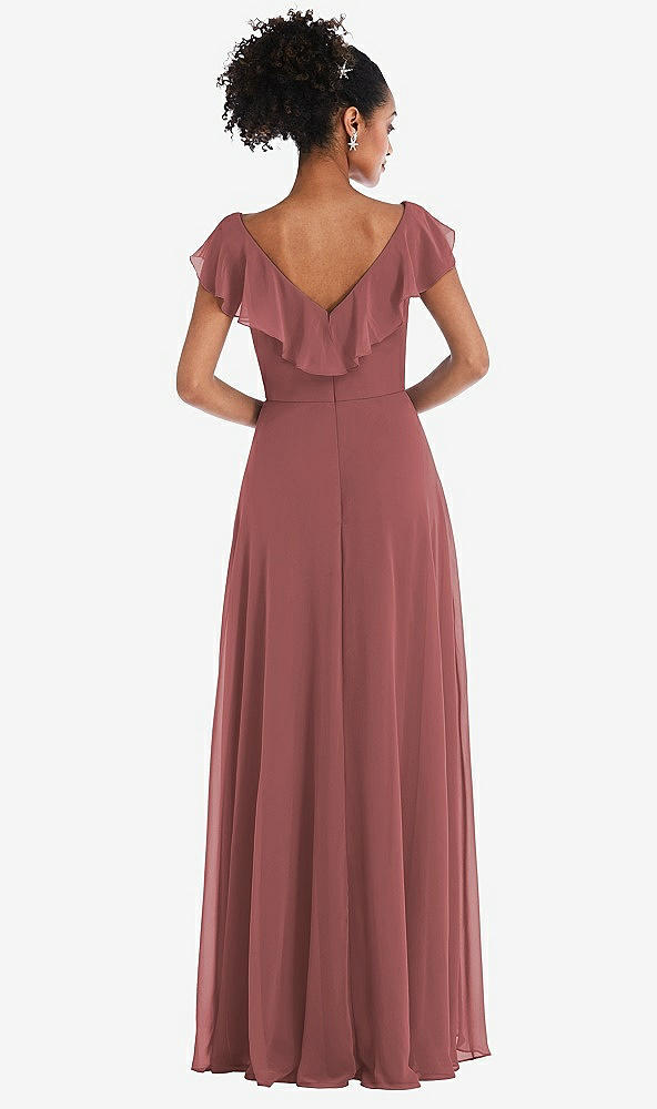 Back View - English Rose Ruffle-Trimmed V-Back Chiffon Maxi Dress