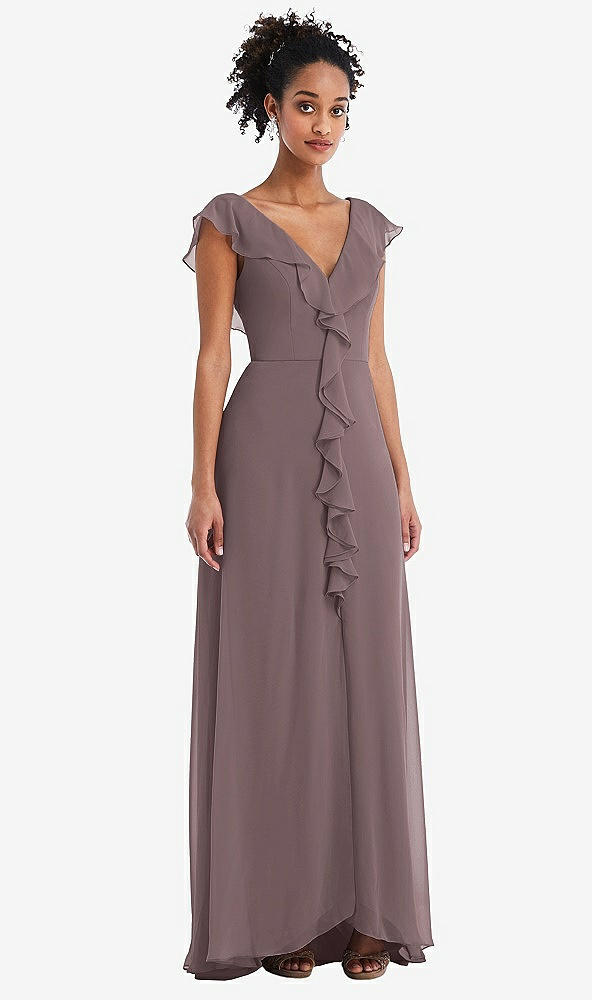 Front View - French Truffle Ruffle-Trimmed V-Back Chiffon Maxi Dress