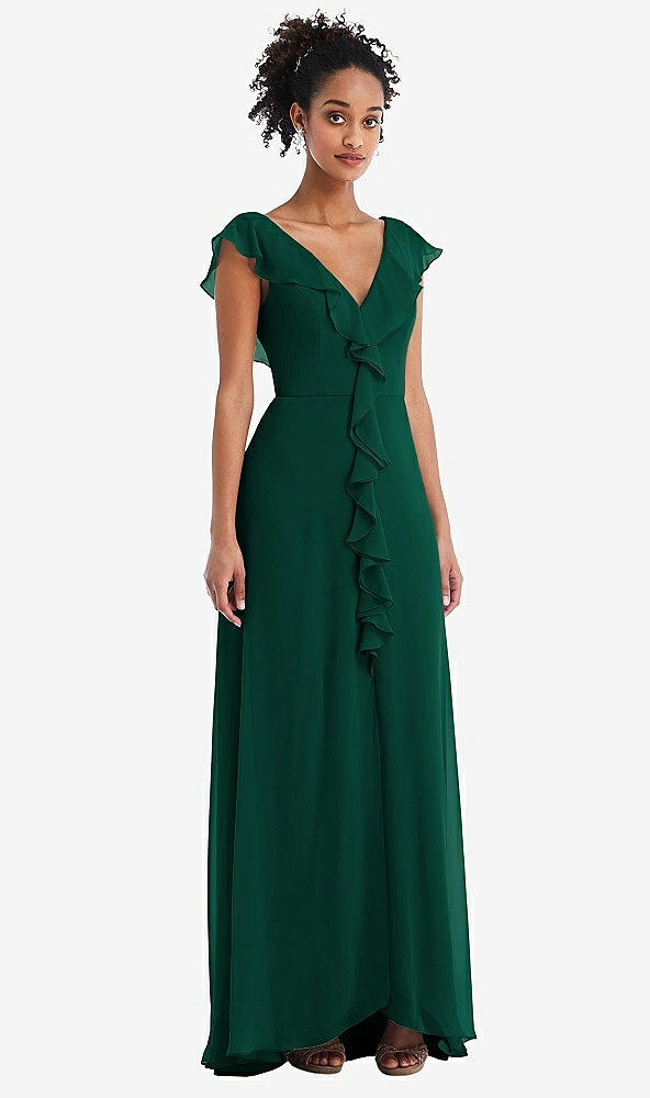 Front View - Hunter Green Ruffle-Trimmed V-Back Chiffon Maxi Dress