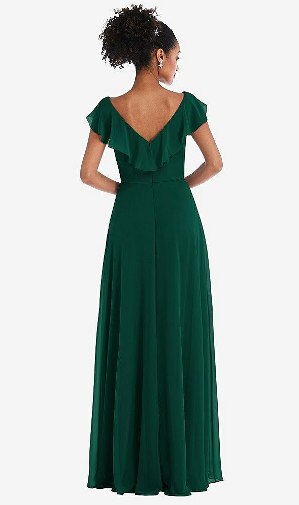 Back View - Hunter Green Ruffle-Trimmed V-Back Chiffon Maxi Dress