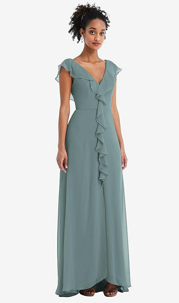 Front View - Icelandic Ruffle-Trimmed V-Back Chiffon Maxi Dress