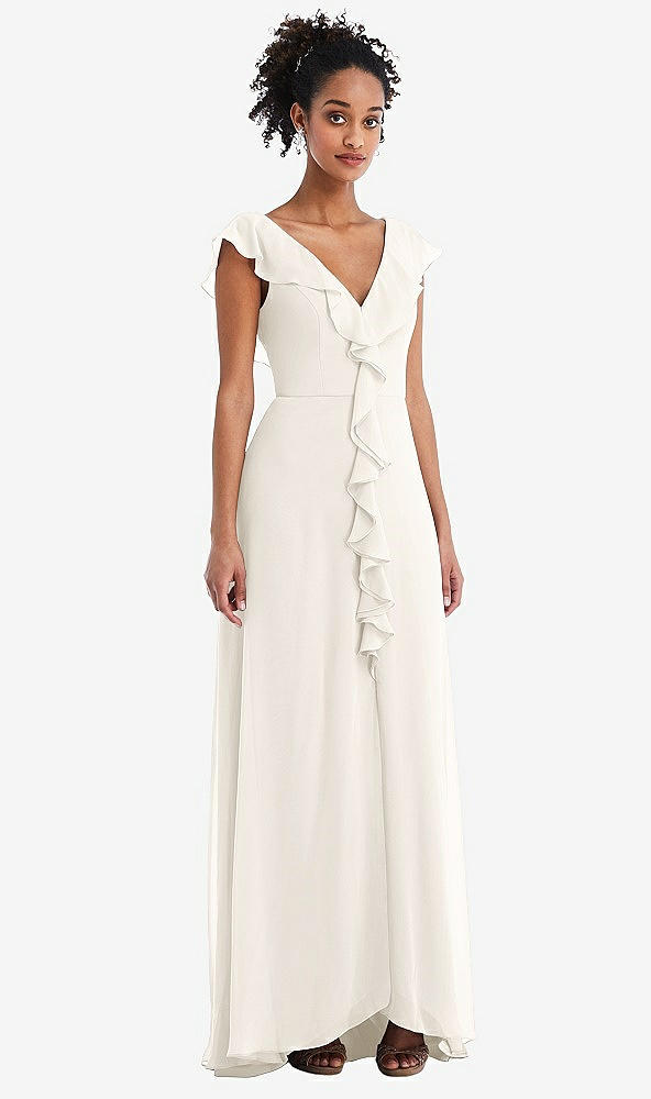 Front View - Ivory Ruffle-Trimmed V-Back Chiffon Maxi Dress