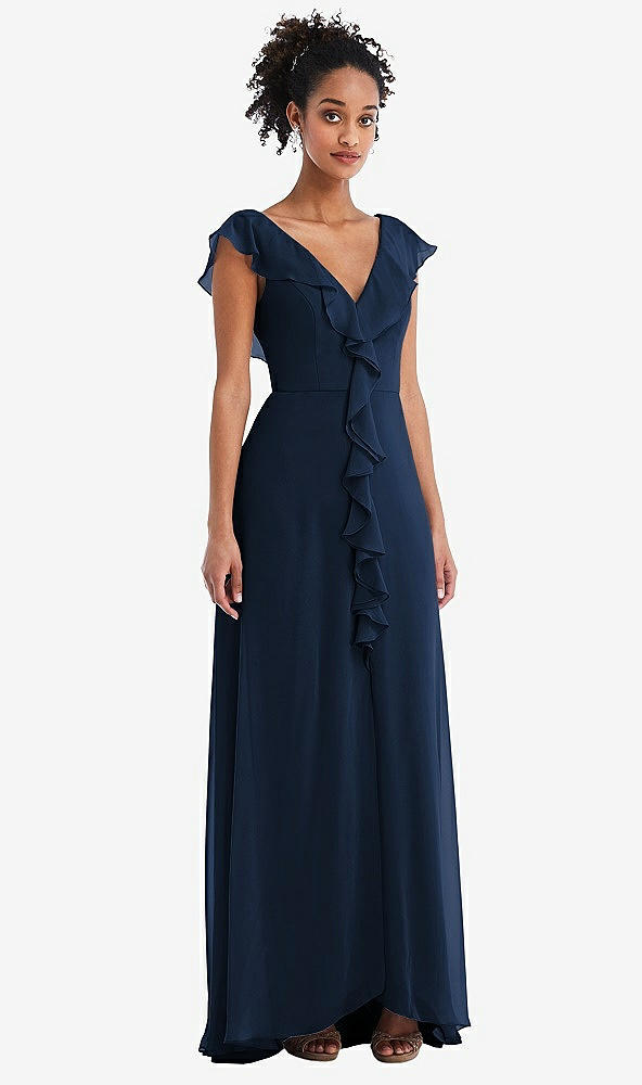 Front View - Midnight Navy Ruffle-Trimmed V-Back Chiffon Maxi Dress