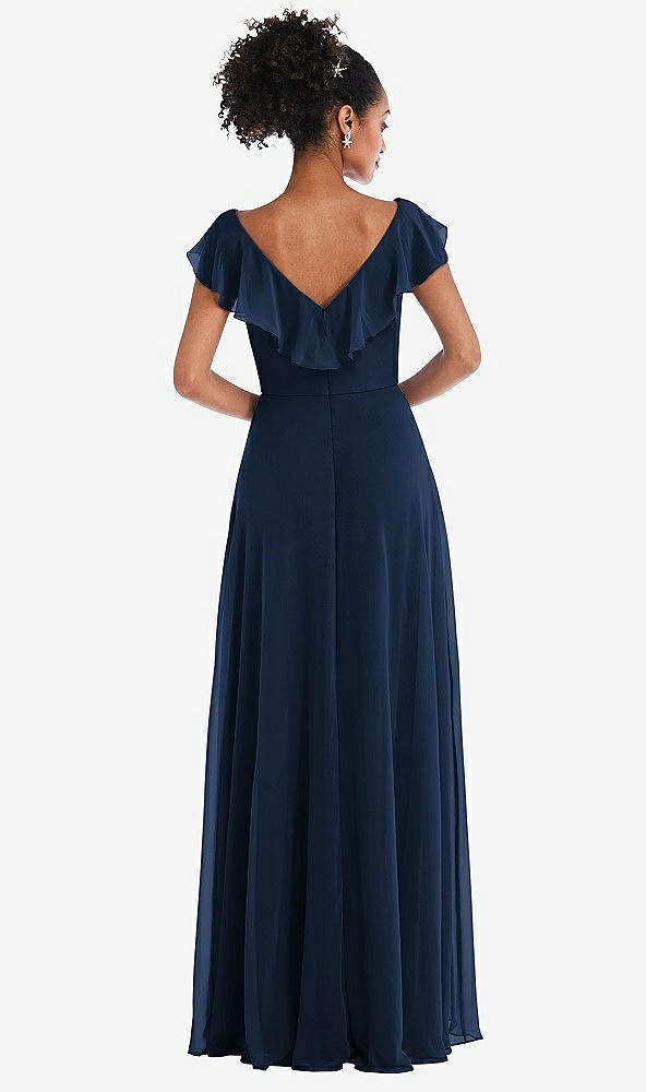 Back View - Midnight Navy Ruffle-Trimmed V-Back Chiffon Maxi Dress