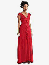 Front View Thumbnail - Parisian Red Ruffle-Trimmed V-Back Chiffon Maxi Dress