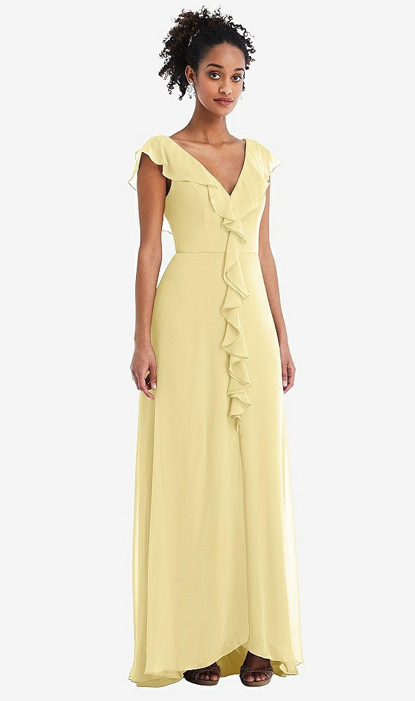 Front View - Pale Yellow Ruffle-Trimmed V-Back Chiffon Maxi Dress