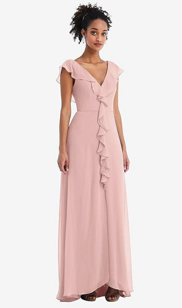 Front View - Rose - PANTONE Rose Quartz Ruffle-Trimmed V-Back Chiffon Maxi Dress