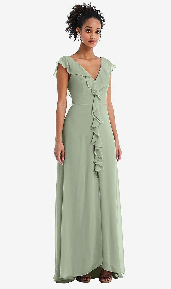 Front View - Sage Ruffle-Trimmed V-Back Chiffon Maxi Dress