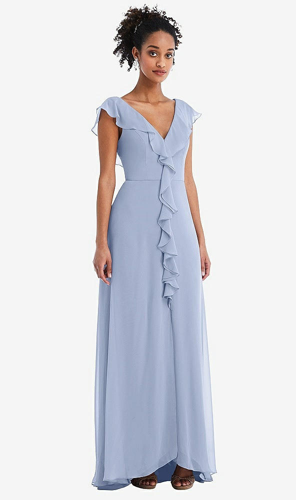 Front View - Sky Blue Ruffle-Trimmed V-Back Chiffon Maxi Dress