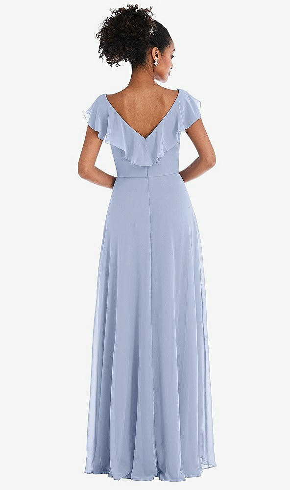 Back View - Sky Blue Ruffle-Trimmed V-Back Chiffon Maxi Dress