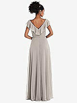 Rear View Thumbnail - Taupe Ruffle-Trimmed V-Back Chiffon Maxi Dress