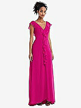 Front View Thumbnail - Think Pink Ruffle-Trimmed V-Back Chiffon Maxi Dress