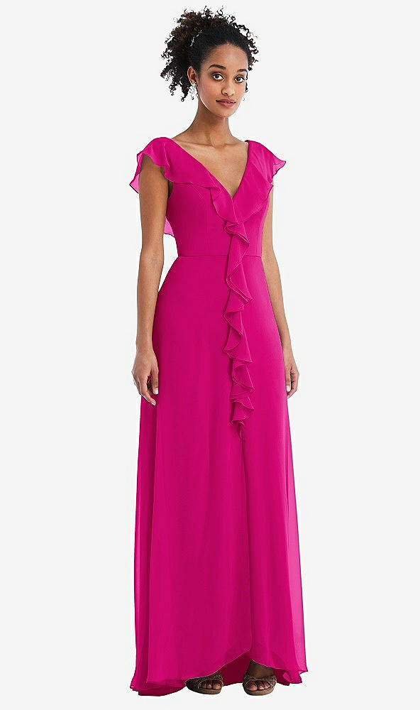 Front View - Think Pink Ruffle-Trimmed V-Back Chiffon Maxi Dress